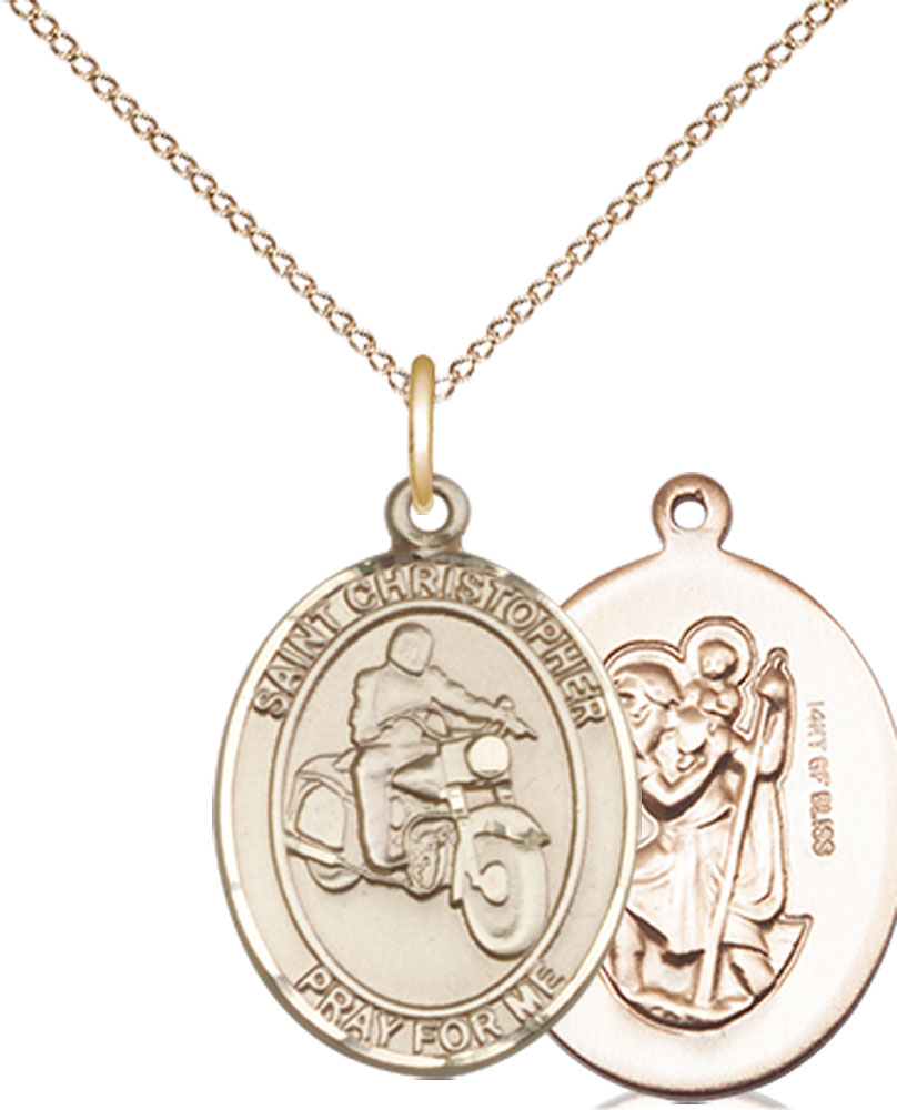 14kt Gold Filled Saint Christopher Motorcycle Pendant on a 18 inch Gold Filled Light Curb chain