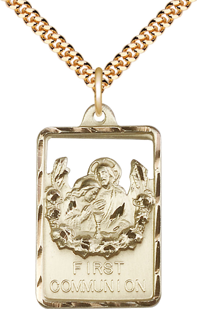 14kt Gold Filled Communion First Reconciliation Pendant on a 24 inch Gold Plate Heavy Curb chain