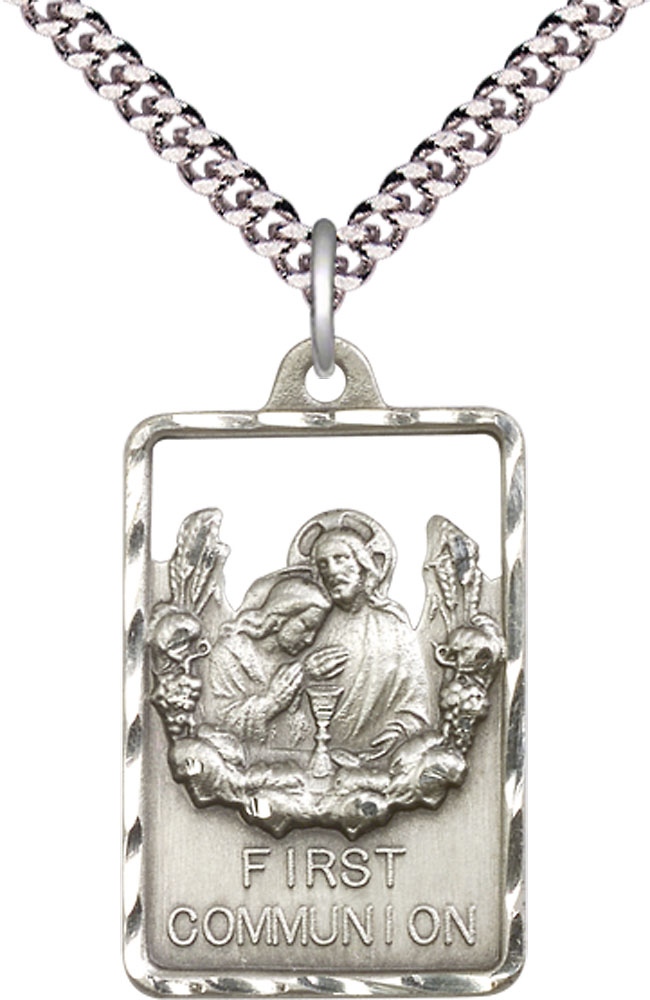 Sterling Silver Communion First Reconciliation Pendant on a 24 inch Light Rhodium Heavy Curb chain