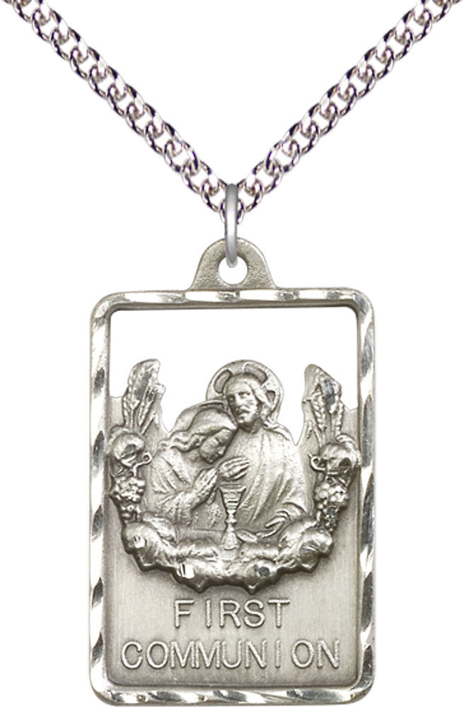 Sterling Silver Communion First Reconciliation Pendant on a 24 inch Sterling Silver Heavy Curb chain