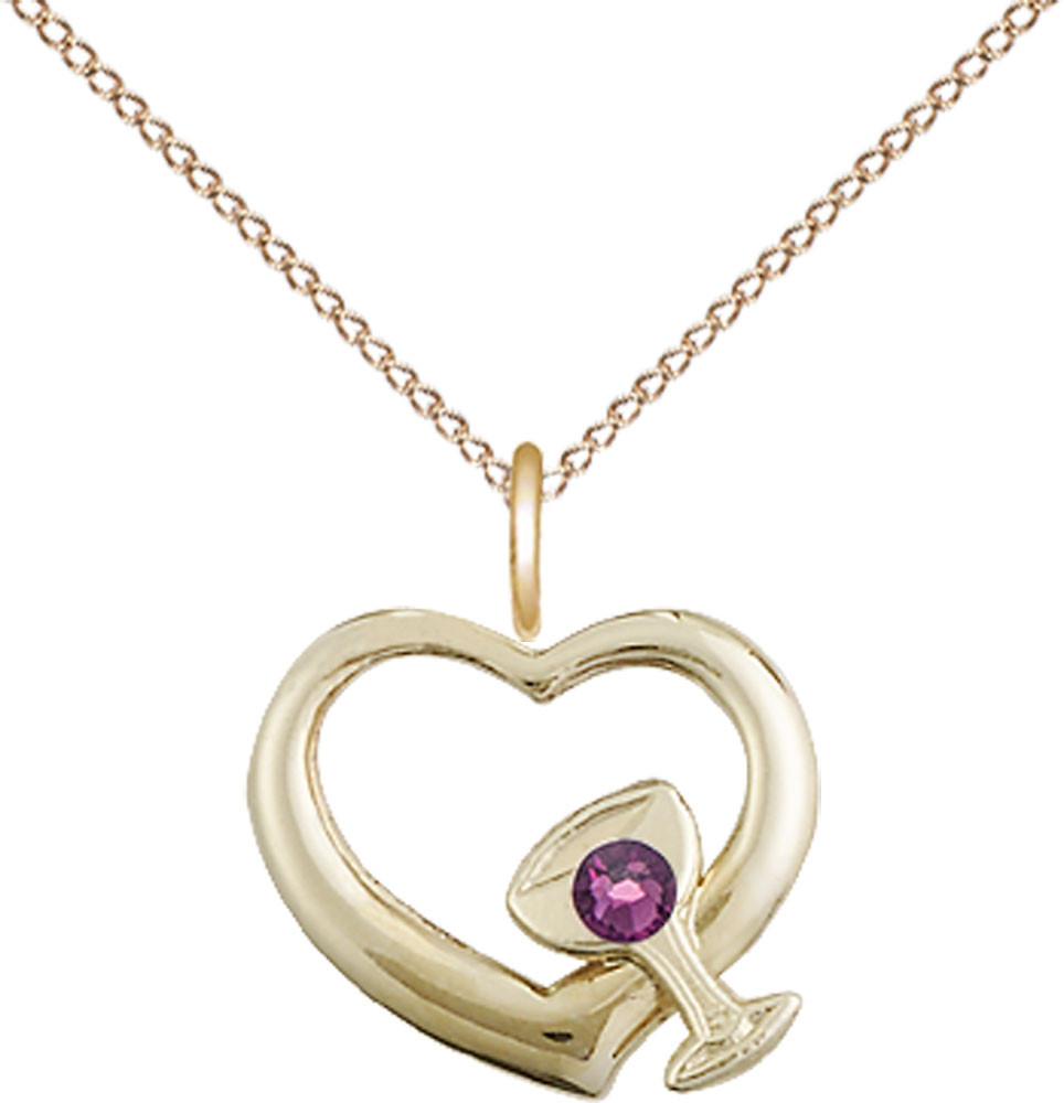 14kt Gold Filled Heart / Chalice Pendant with a 3mm Amethyst Swarovski stone on a 18 inch Gold Filled Light Curb chain