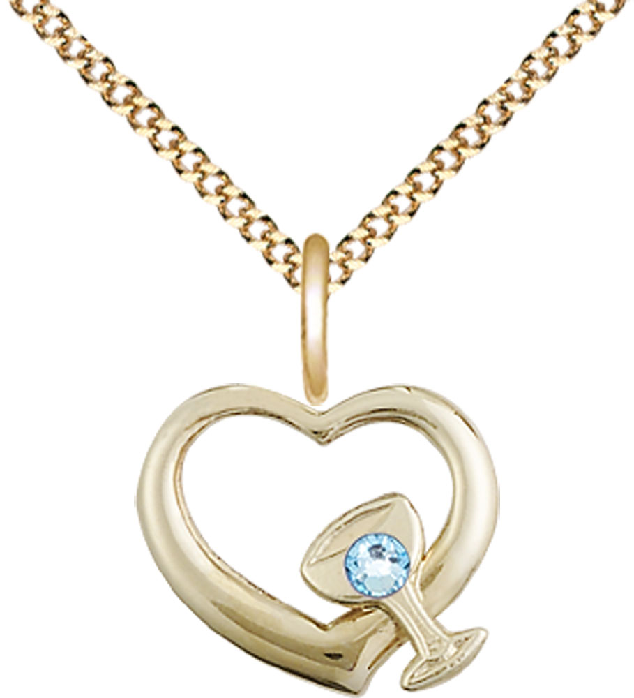 14kt Gold Filled Heart / Chalice Pendant with a 3mm Aqua Swarovski stone on a 18 inch Gold Plate Light Curb chain