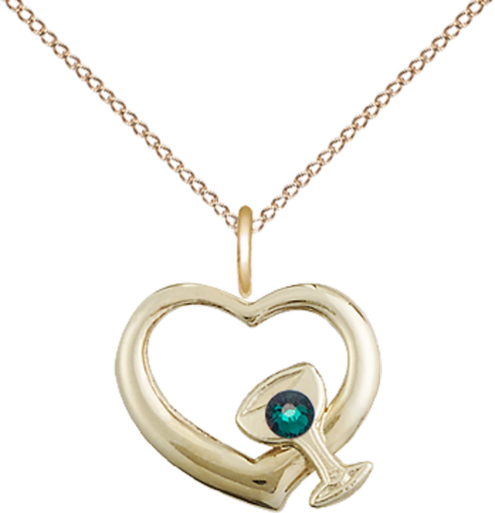 14kt Gold Filled Heart / Chalice Pendant with a 3mm Emerald Swarovski stone on a 18 inch Gold Filled Light Curb chain