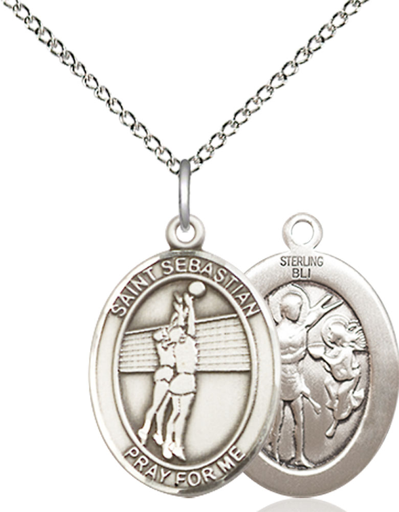 Sterling Silver Saint Sebastian Volleyball Pendant on a 18 inch Sterling Silver Light Curb chain