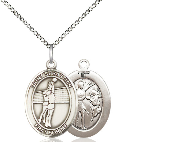 Sterling Silver Saint Sebastian Volleyball Pendant on a 18 inch Sterling Silver Light Curb chain