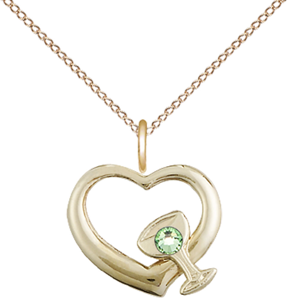 14kt Gold Filled Heart / Chalice Pendant with a 3mm Peridot Swarovski stone on a 18 inch Gold Filled Light Curb chain