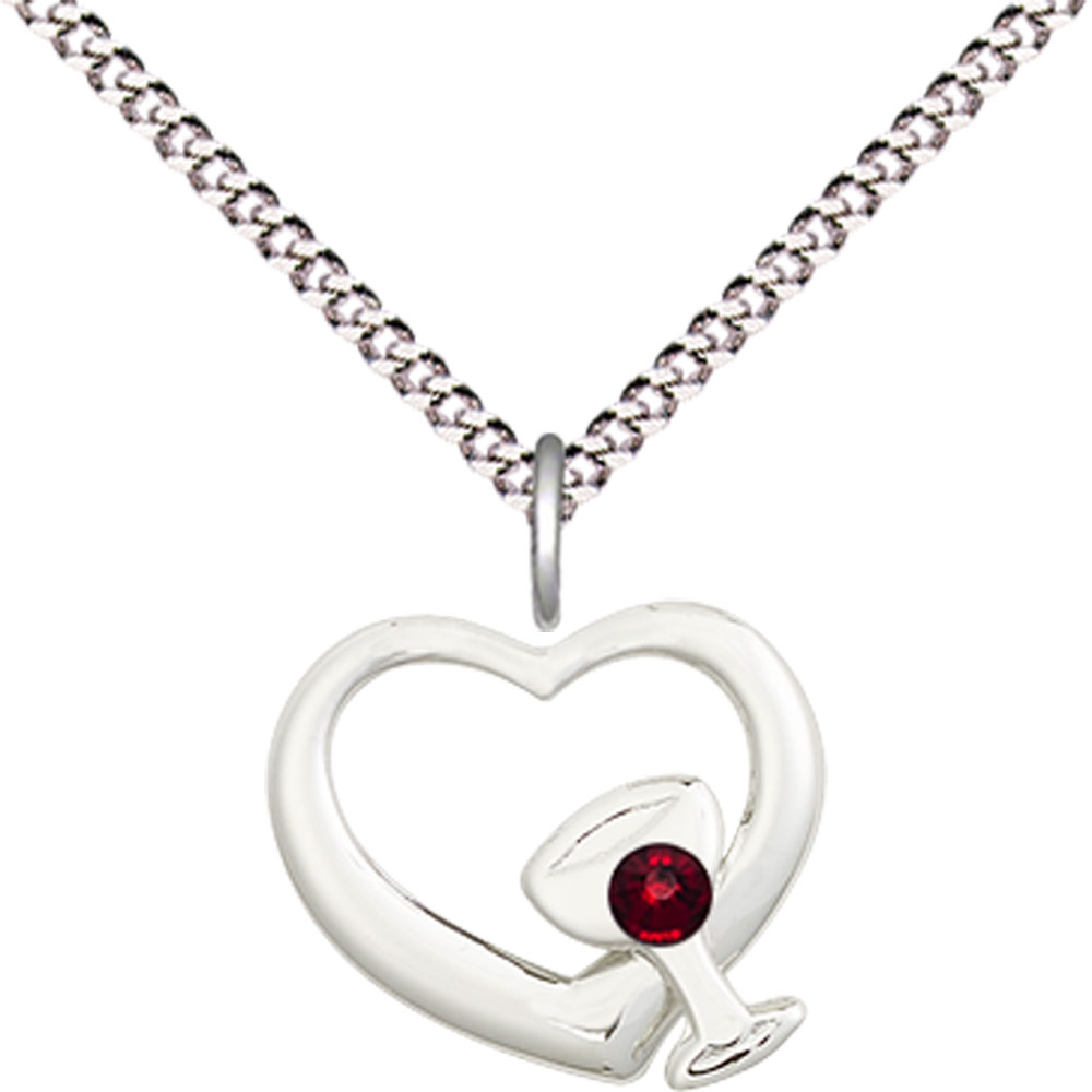 Sterling Silver Heart / Chalice Pendant with a 3mm Garnet Swarovski stone on a 18 inch Light Rhodium Light Curb chain