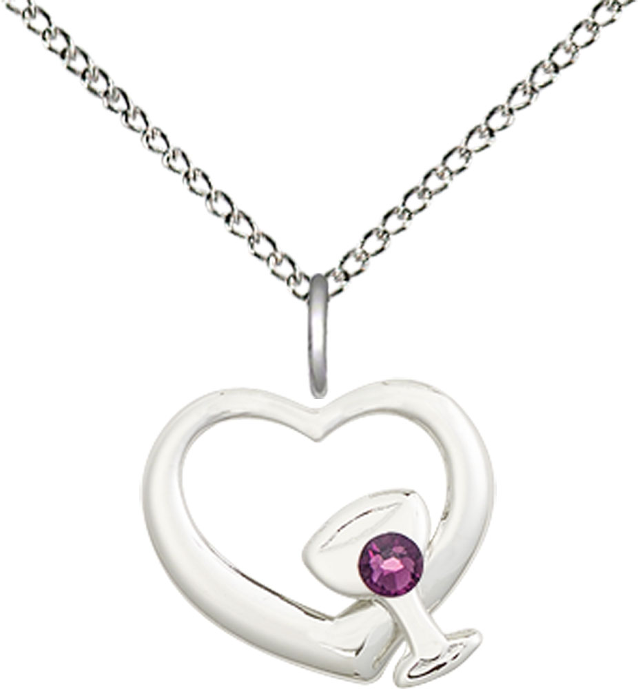 Sterling Silver Heart / Chalice Pendant with a 3mm Amethyst Swarovski stone on a 18 inch Sterling Silver Light Curb chain