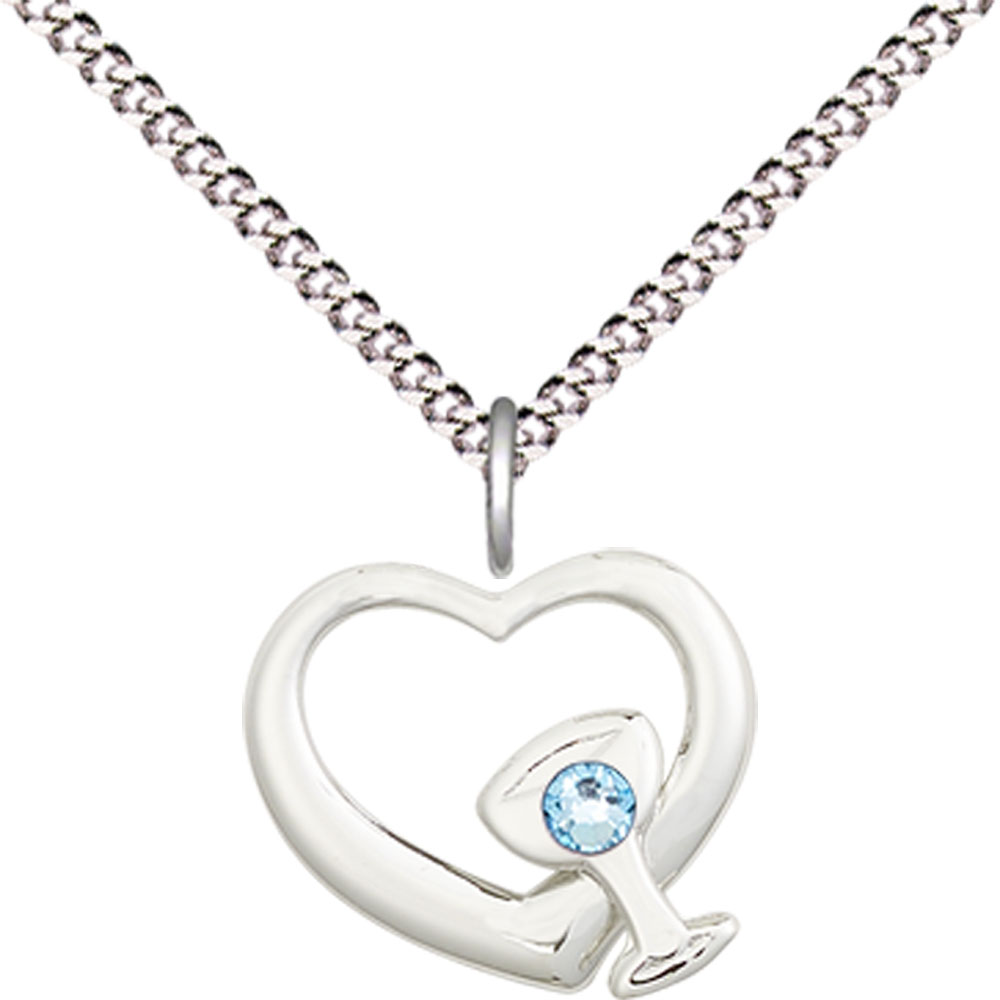 Sterling Silver Heart / Chalice Pendant with a 3mm Aqua Swarovski stone on a 18 inch Light Rhodium Light Curb chain