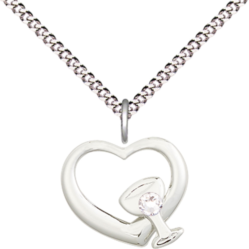 Sterling Silver Heart / Chalice Pendant with a 3mm Crystal Swarovski stone on a 18 inch Light Rhodium Light Curb chain