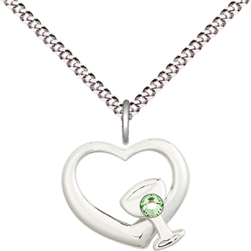 Sterling Silver Heart / Chalice Pendant with a 3mm Peridot Swarovski stone on a 18 inch Light Rhodium Light Curb chain