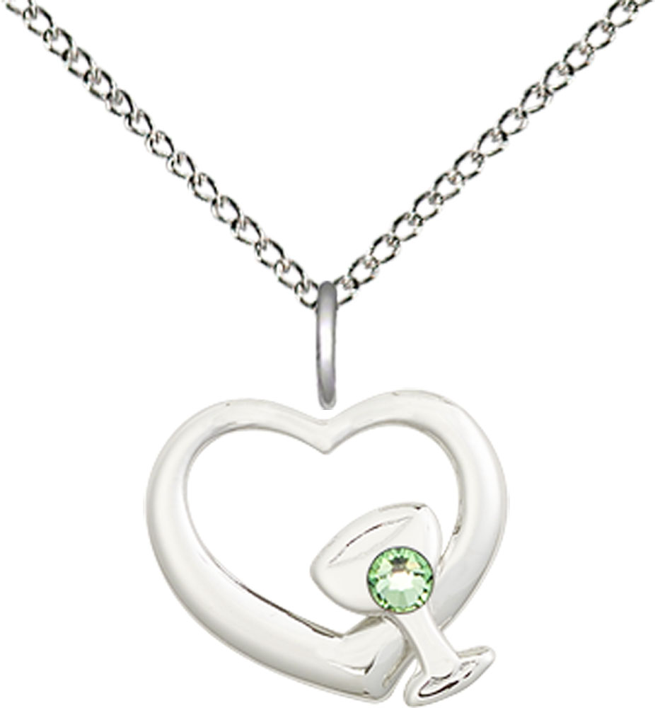 Sterling Silver Heart / Chalice Pendant with a 3mm Peridot Swarovski stone on a 18 inch Sterling Silver Light Curb chain