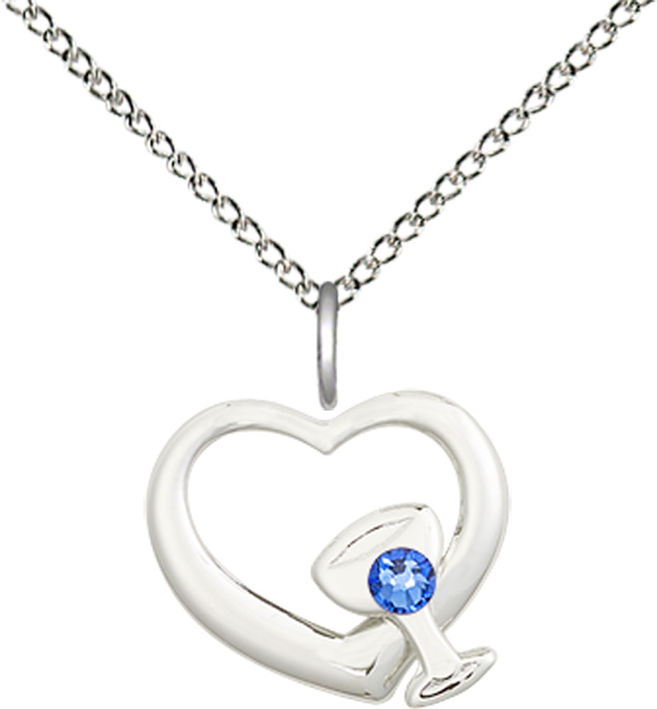 Sterling Silver Heart / Chalice Pendant with a 3mm Sapphire Swarovski stone on a 18 inch Sterling Silver Light Curb chain