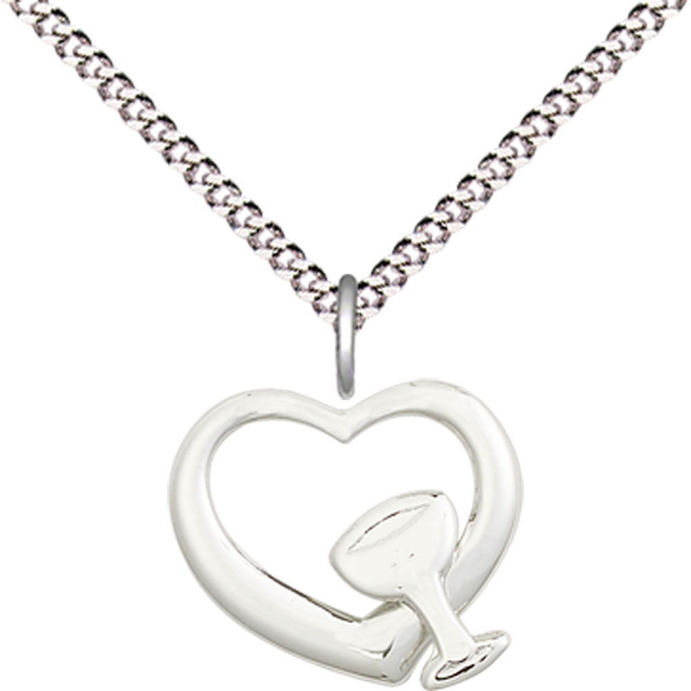 Sterling Silver Heart / Chalice Pendant on a 18 inch Light Rhodium Light Curb chain