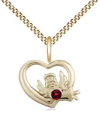 14kt Gold Filled Heart / Guardian Angel Pendant with a 3mm Garnet Swarovski stone on a 18 inch Gold Plate Light Curb chain