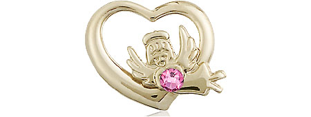 14kt Gold Filled Heart / Guardian Angel Medal with a 3mm Rose Swarovski stone