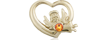 14kt Gold Filled Heart / Guardian Angel Medal with a 3mm Topaz Swarovski stone