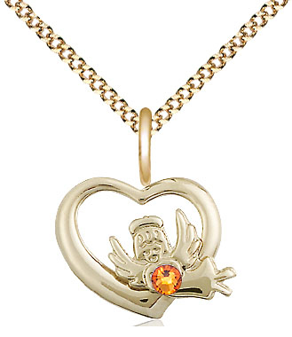 14kt Gold Filled Heart / Guardian Angel Pendant with a 3mm Topaz Swarovski stone on a 18 inch Gold Plate Light Curb chain