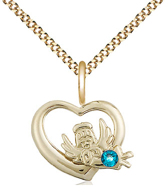 14kt Gold Filled Heart / Guardian Angel Pendant with a 3mm Zircon Swarovski stone on a 18 inch Gold Plate Light Curb chain