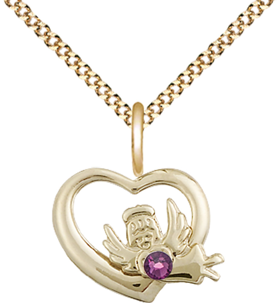 14kt Gold Filled Heart / Guardian Angel Pendant with a 3mm Amethyst Swarovski stone on a 18 inch Gold Plate Light Curb chain