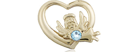 14kt Gold Filled Heart / Guardian Angel Medal with a 3mm Aqua Swarovski stone