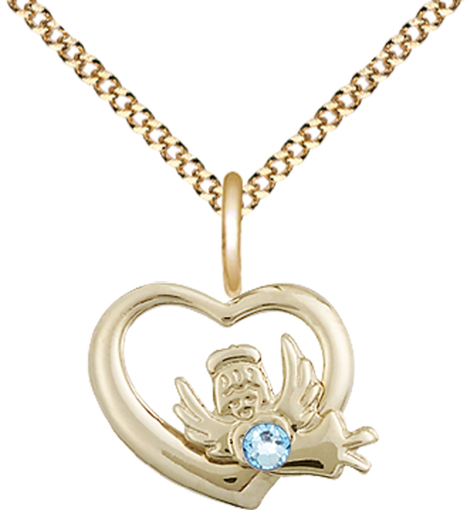 14kt Gold Filled Heart / Guardian Angel Pendant with a 3mm Aqua Swarovski stone on a 18 inch Gold Plate Light Curb chain