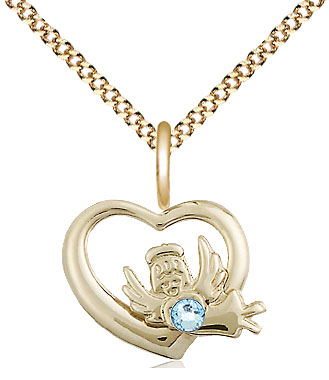 14kt Gold Filled Heart / Guardian Angel Pendant with a 3mm Aqua Swarovski stone on a 18 inch Gold Plate Light Curb chain