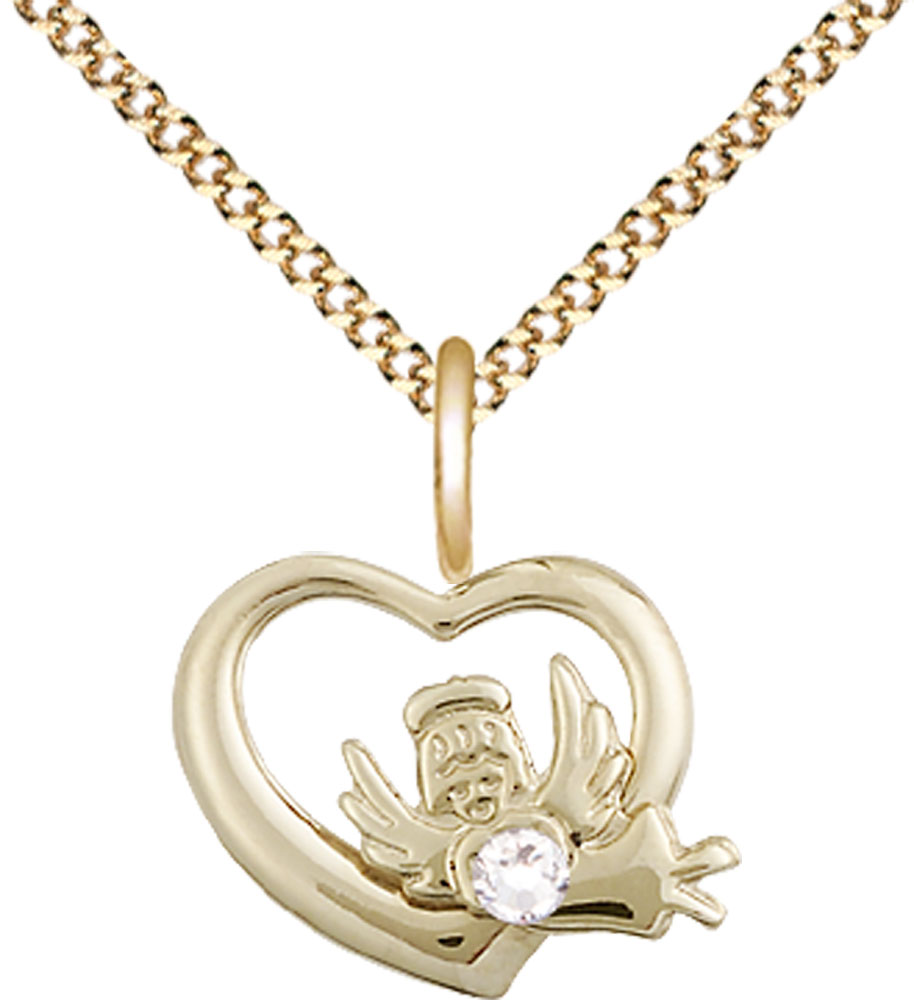 14kt Gold Filled Heart / Guardian Angel Pendant with a 3mm Crystal Swarovski stone on a 18 inch Gold Plate Light Curb chain