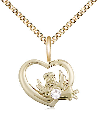 14kt Gold Filled Heart / Guardian Angel Pendant with a 3mm Crystal Swarovski stone on a 18 inch Gold Plate Light Curb chain
