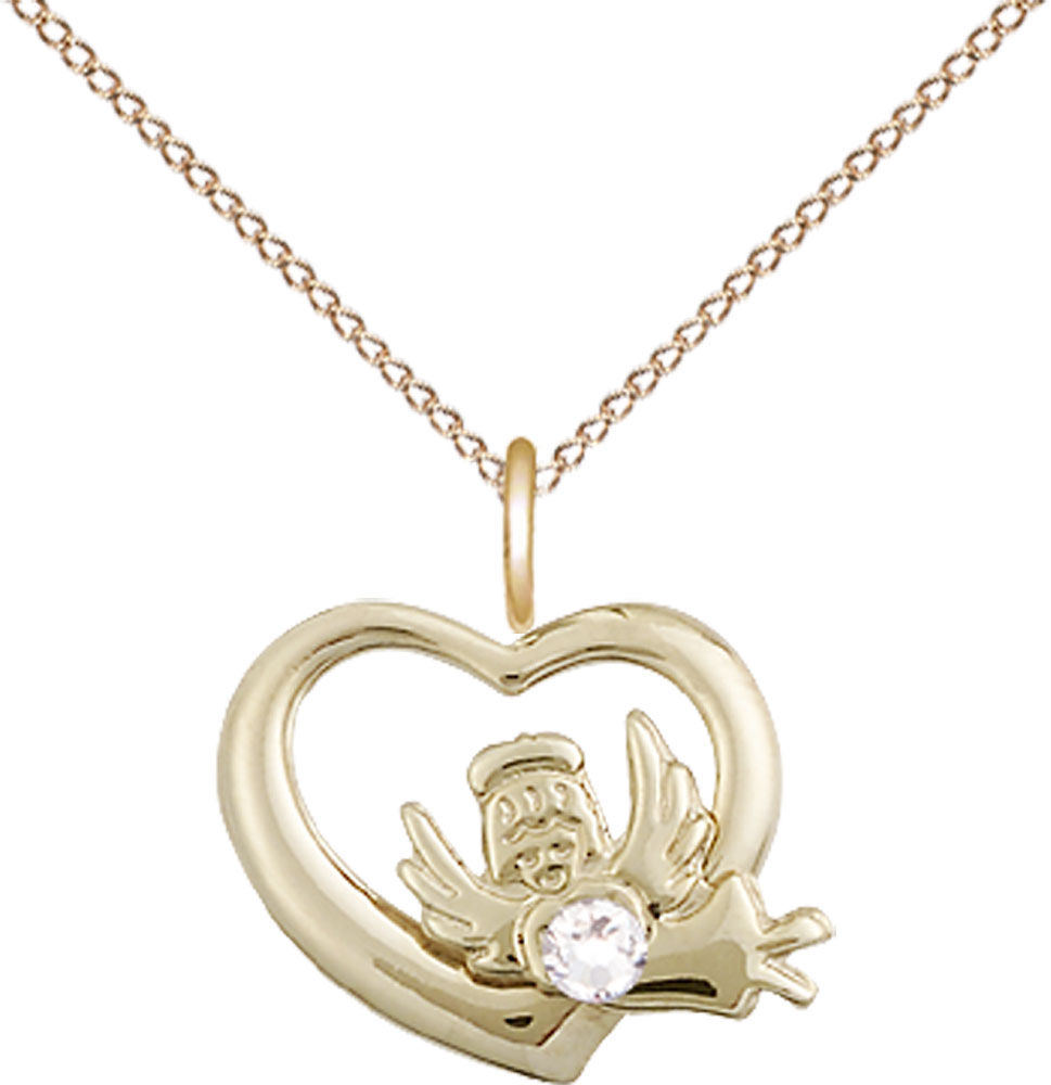 14kt Gold Filled Heart / Guardian Angel Pendant with a 3mm Crystal Swarovski stone on a 18 inch Gold Filled Light Curb chain