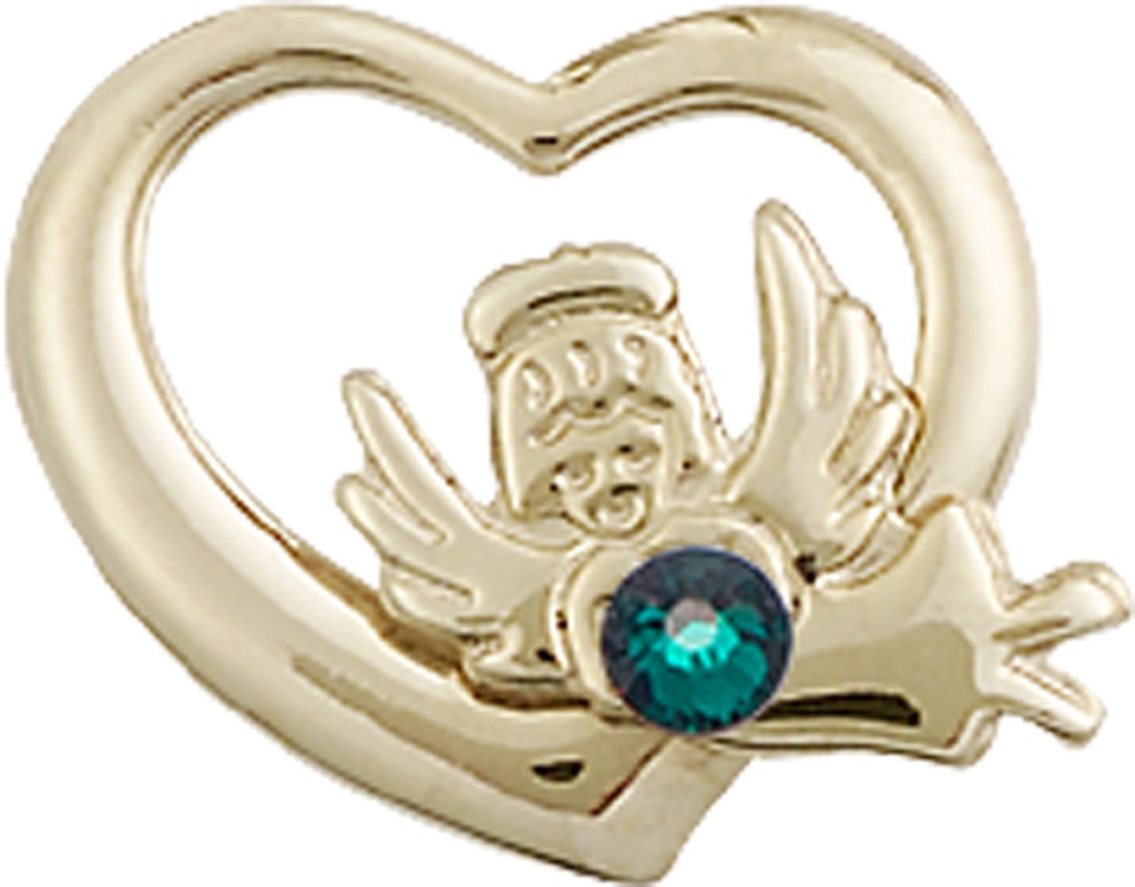 14kt Gold Filled Heart / Guardian Angel Medal with a 3mm Emerald Swarovski stone