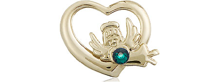 14kt Gold Filled Heart / Guardian Angel Medal with a 3mm Emerald Swarovski stone