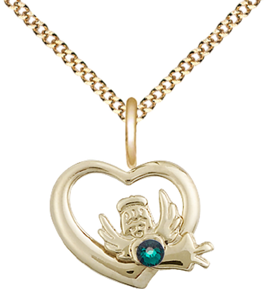 14kt Gold Filled Heart / Guardian Angel Pendant with a 3mm Emerald Swarovski stone on a 18 inch Gold Plate Light Curb chain