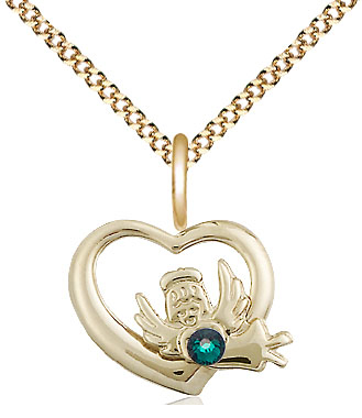 14kt Gold Filled Heart / Guardian Angel Pendant with a 3mm Emerald Swarovski stone on a 18 inch Gold Plate Light Curb chain