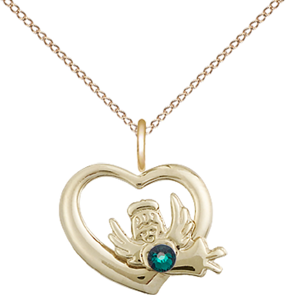 14kt Gold Filled Heart / Guardian Angel Pendant with a 3mm Emerald Swarovski stone on a 18 inch Gold Filled Light Curb chain