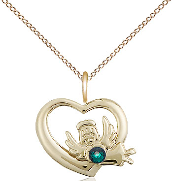 14kt Gold Filled Heart / Guardian Angel Pendant with a 3mm Emerald Swarovski stone on a 18 inch Gold Filled Light Curb chain