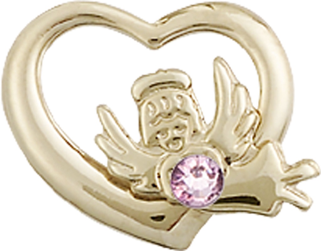 14kt Gold Filled Heart / Guardian Angel Medal with a 3mm Light Amethyst Swarovski stone