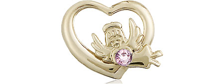 14kt Gold Filled Heart / Guardian Angel Medal with a 3mm Light Amethyst Swarovski stone