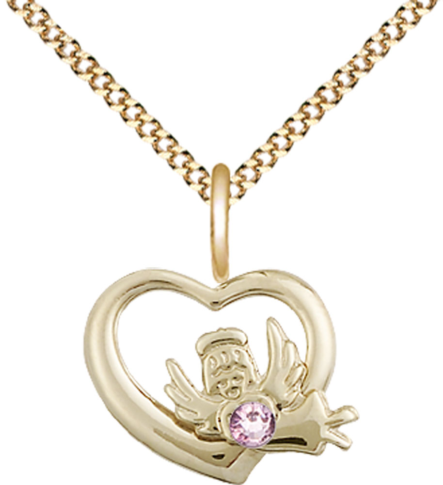 14kt Gold Filled Heart / Guardian Angel Pendant with a 3mm Light Amethyst Swarovski stone on a 18 inch Gold Plate Light Curb chain