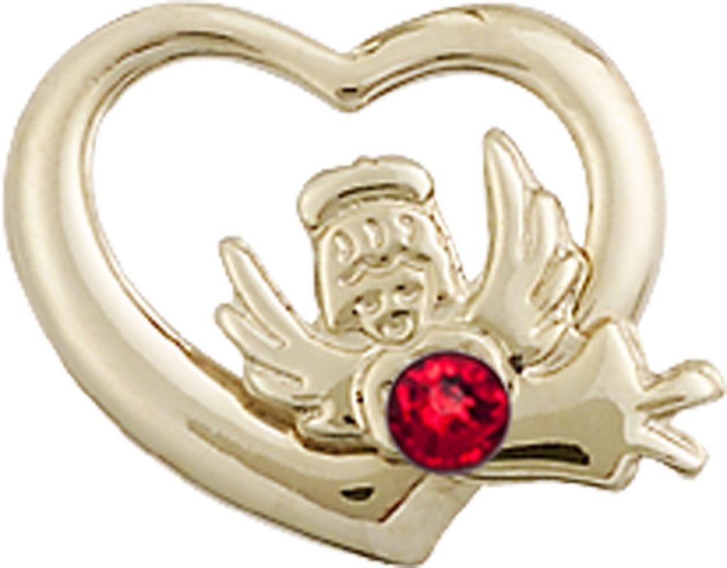 14kt Gold Filled Heart / Guardian Angel Medal with a 3mm Ruby Swarovski stone