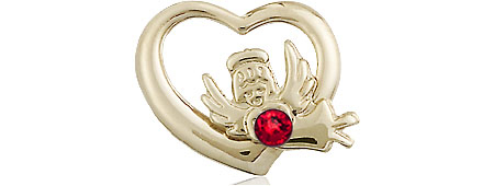 14kt Gold Filled Heart / Guardian Angel Medal with a 3mm Ruby Swarovski stone