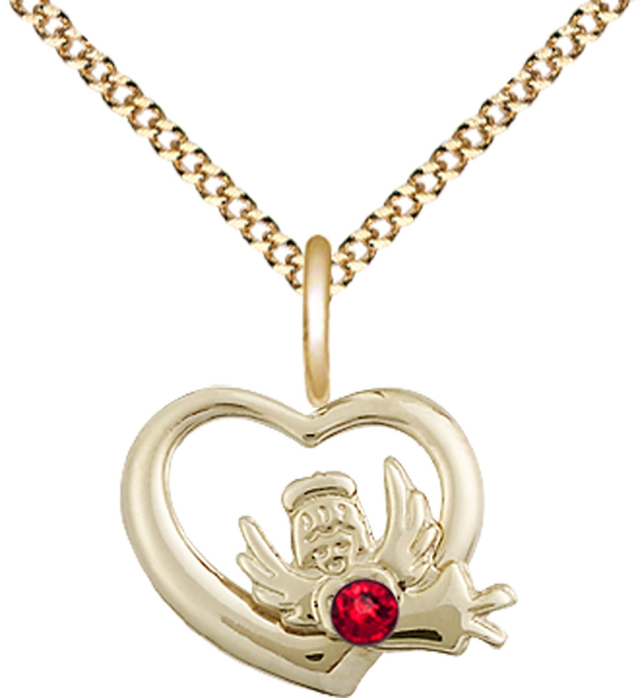 14kt Gold Filled Heart / Guardian Angel Pendant with a 3mm Ruby Swarovski stone on a 18 inch Gold Plate Light Curb chain