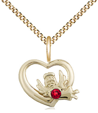 14kt Gold Filled Heart / Guardian Angel Pendant with a 3mm Ruby Swarovski stone on a 18 inch Gold Plate Light Curb chain