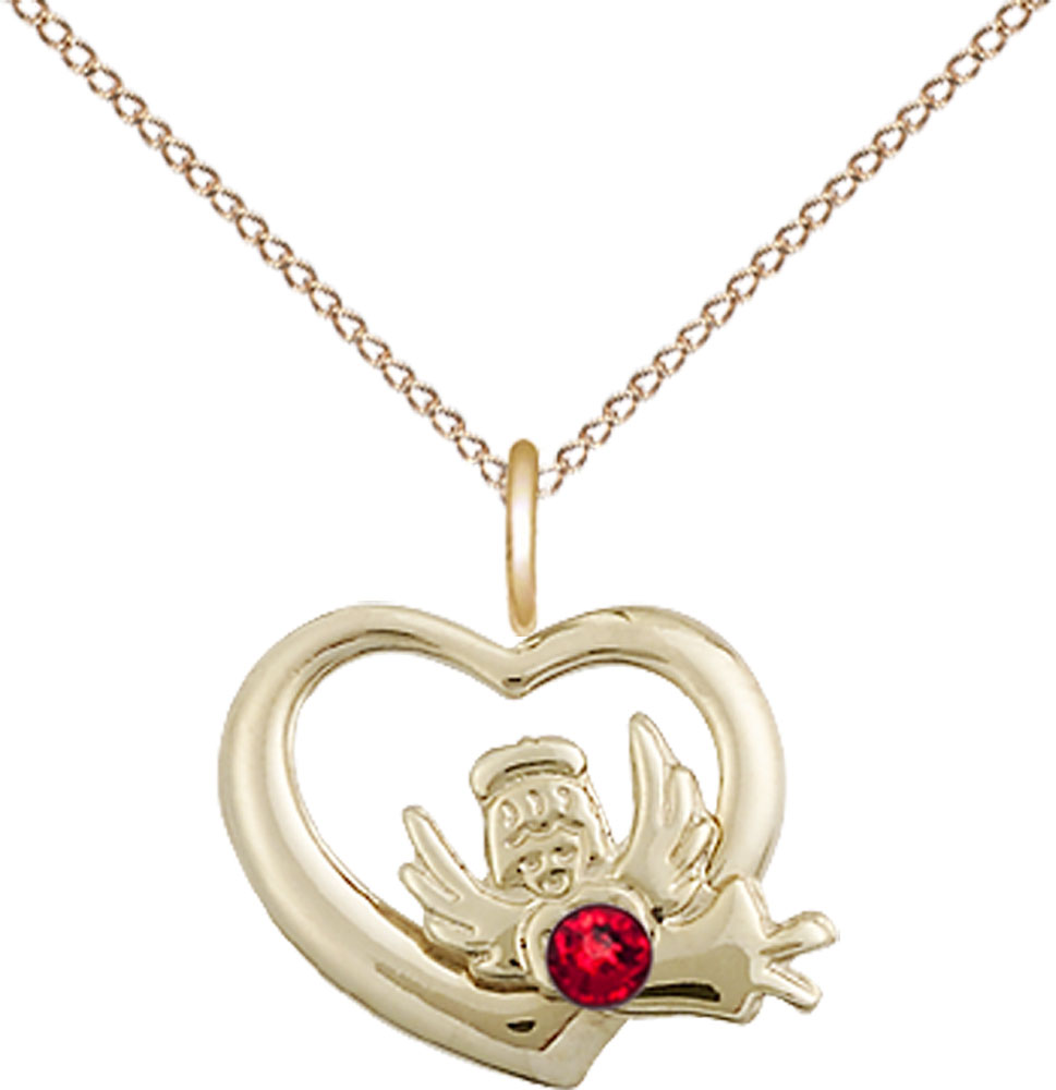 14kt Gold Filled Heart / Guardian Angel Pendant with a 3mm Ruby Swarovski stone on a 18 inch Gold Filled Light Curb chain