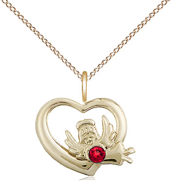 14kt Gold Filled Heart / Guardian Angel Pendant with a 3mm Ruby Swarovski stone on a 18 inch Gold Filled Light Curb chain