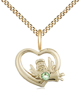 14kt Gold Filled Heart / Guardian Angel Pendant with a 3mm Peridot Swarovski stone on a 18 inch Gold Plate Light Curb chain