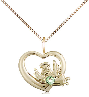 14kt Gold Filled Heart / Guardian Angel Pendant with a 3mm Peridot Swarovski stone on a 18 inch Gold Filled Light Curb chain