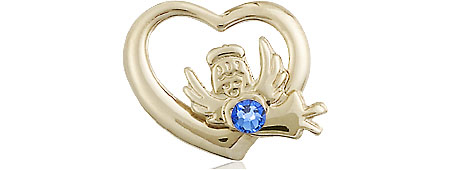 14kt Gold Filled Heart / Guardian Angel Medal with a 3mm Sapphire Swarovski stone