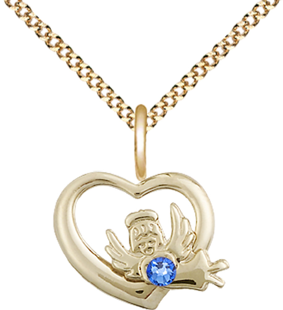 14kt Gold Filled Heart / Guardian Angel Pendant with a 3mm Sapphire Swarovski stone on a 18 inch Gold Plate Light Curb chain