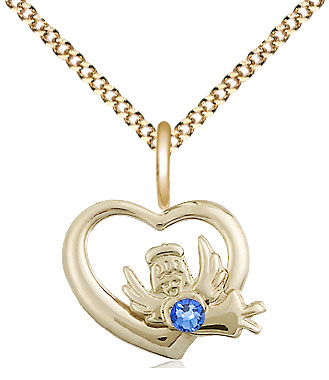 14kt Gold Filled Heart / Guardian Angel Pendant with a 3mm Sapphire Swarovski stone on a 18 inch Gold Plate Light Curb chain